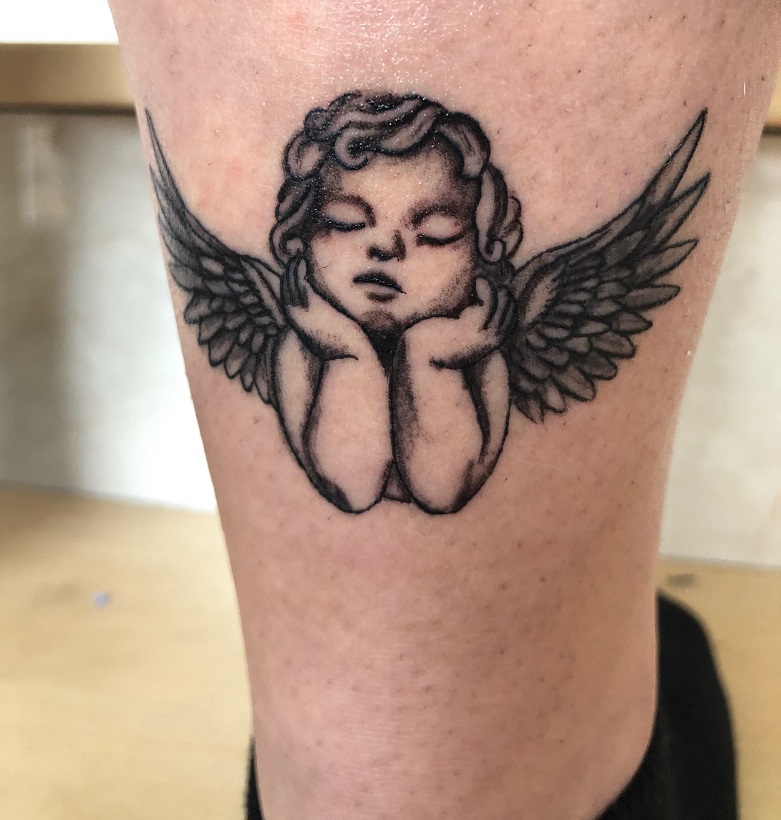 Traditional Baby Angel Tattoo On Back Neck